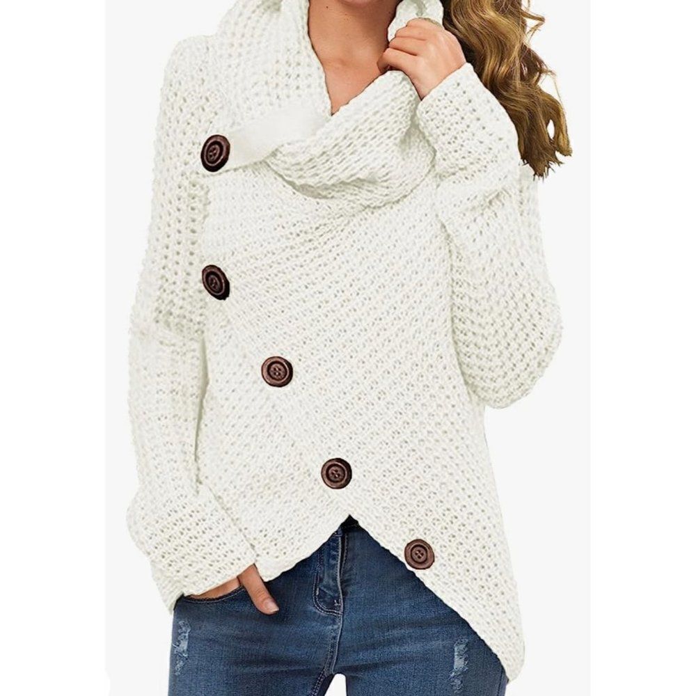 Grecerelle Ivory Chunky Cowl Neck Long Sleeve Asymmetrical Hem Sweater Size M